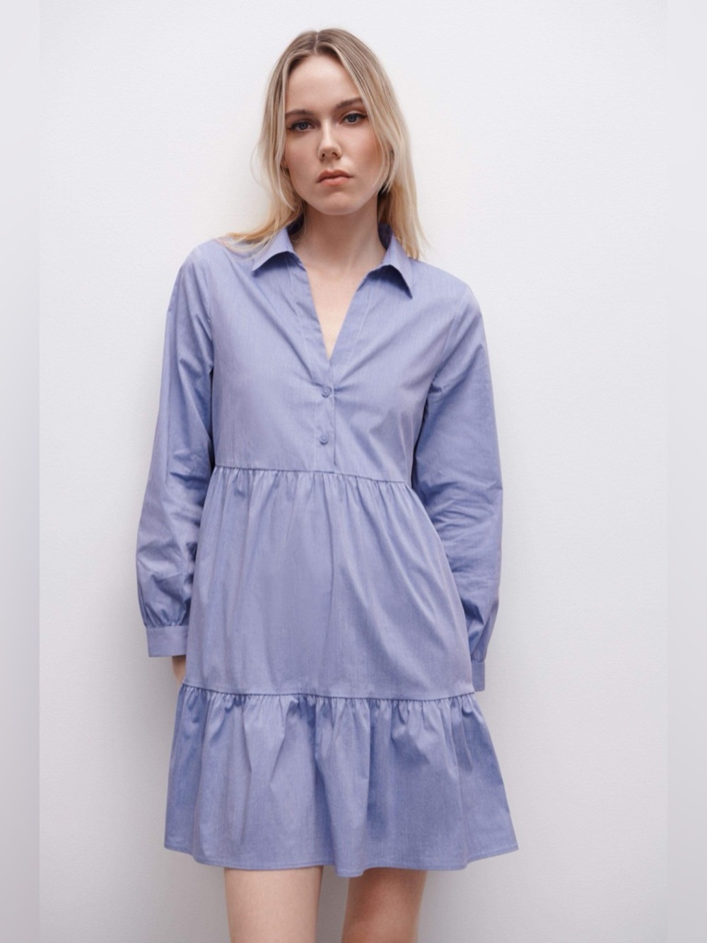 ZARA Light Blue Tiered Collared Mini Dress Size Small